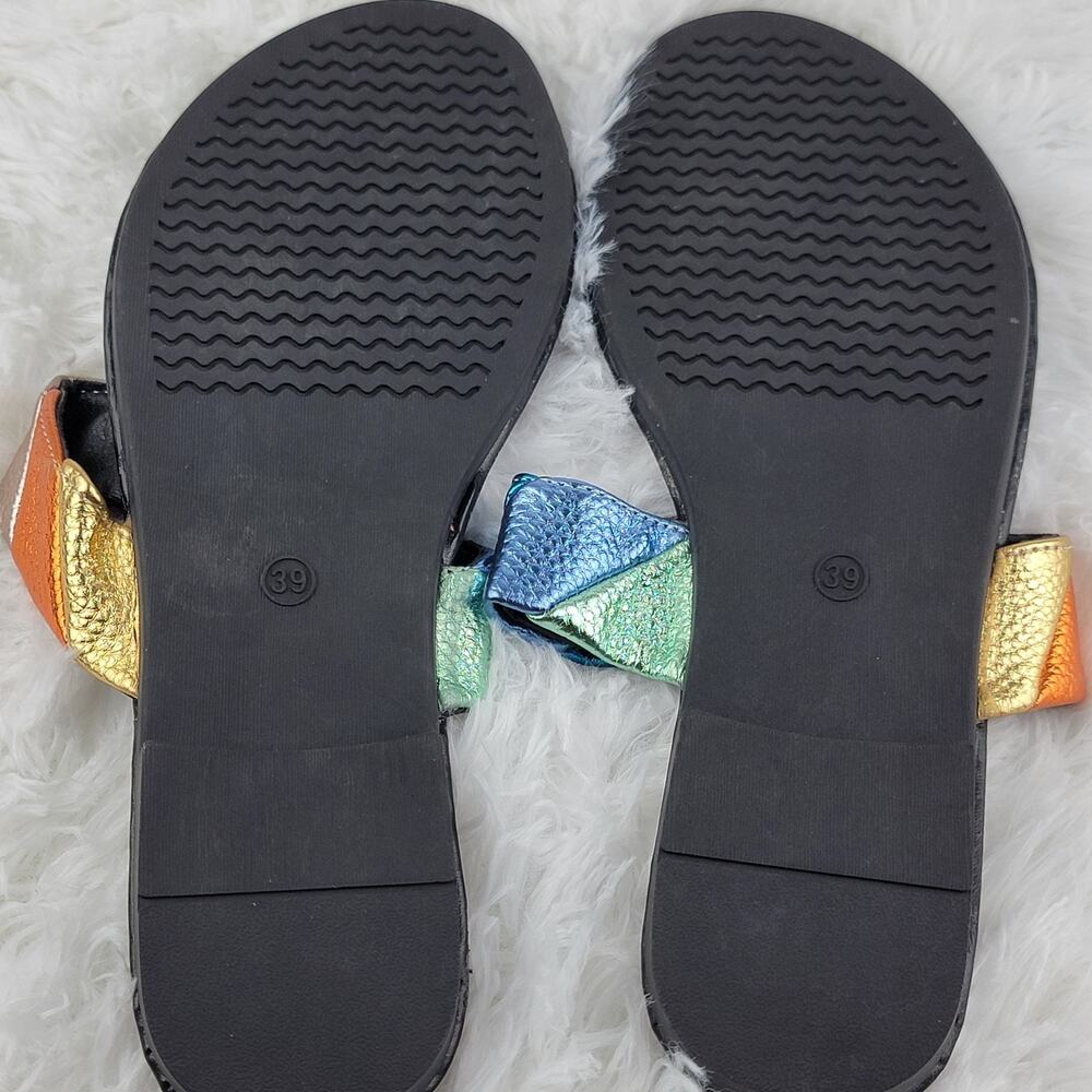 Women Sz 8 Thong Flat Sandals Designer Colorful Metallic Rainbow Slippers Slides - Picture 7 of 8